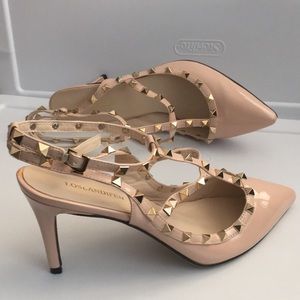 Loslandifen patent leather studded ankle strap pointy heels